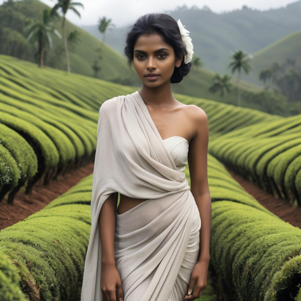 A stunning image of sri lankan model showcasing draped fabrics in lush tea plantation scenery.