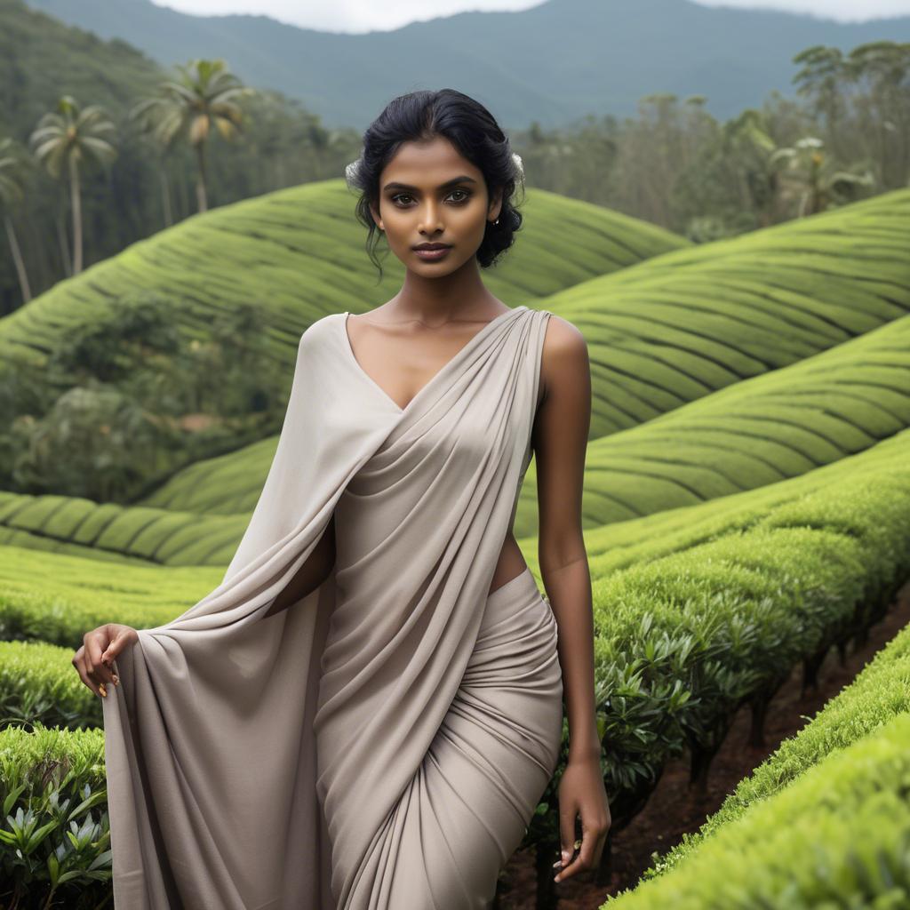 A stunning image of sri lankan model showcasing draped fabrics in lush tea plantation scenery.