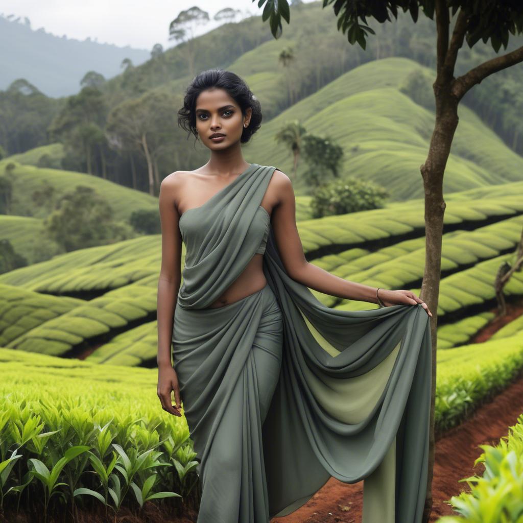 A stunning image of sri lankan model showcasing draped fabrics in lush tea plantation scenery.