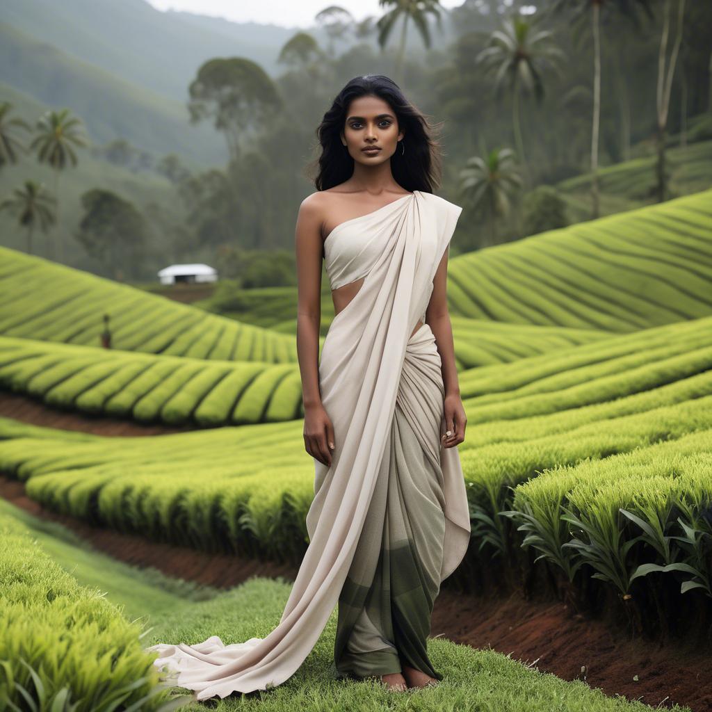 A stunning image of sri lankan model showcasing draped fabrics in lush tea plantation scenery.