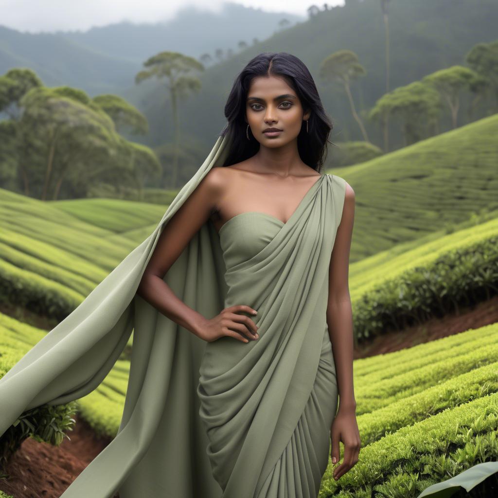 A stunning image of sri lankan model showcasing draped fabrics in lush tea plantation scenery.