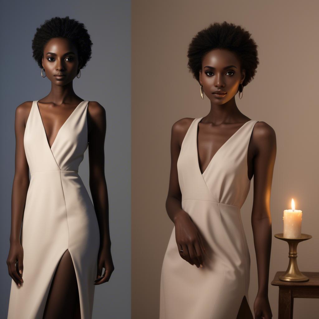 A stunning image of sudanese model wearing a sophisticated minimal dress highlighted by subtle candlelit ambiance.