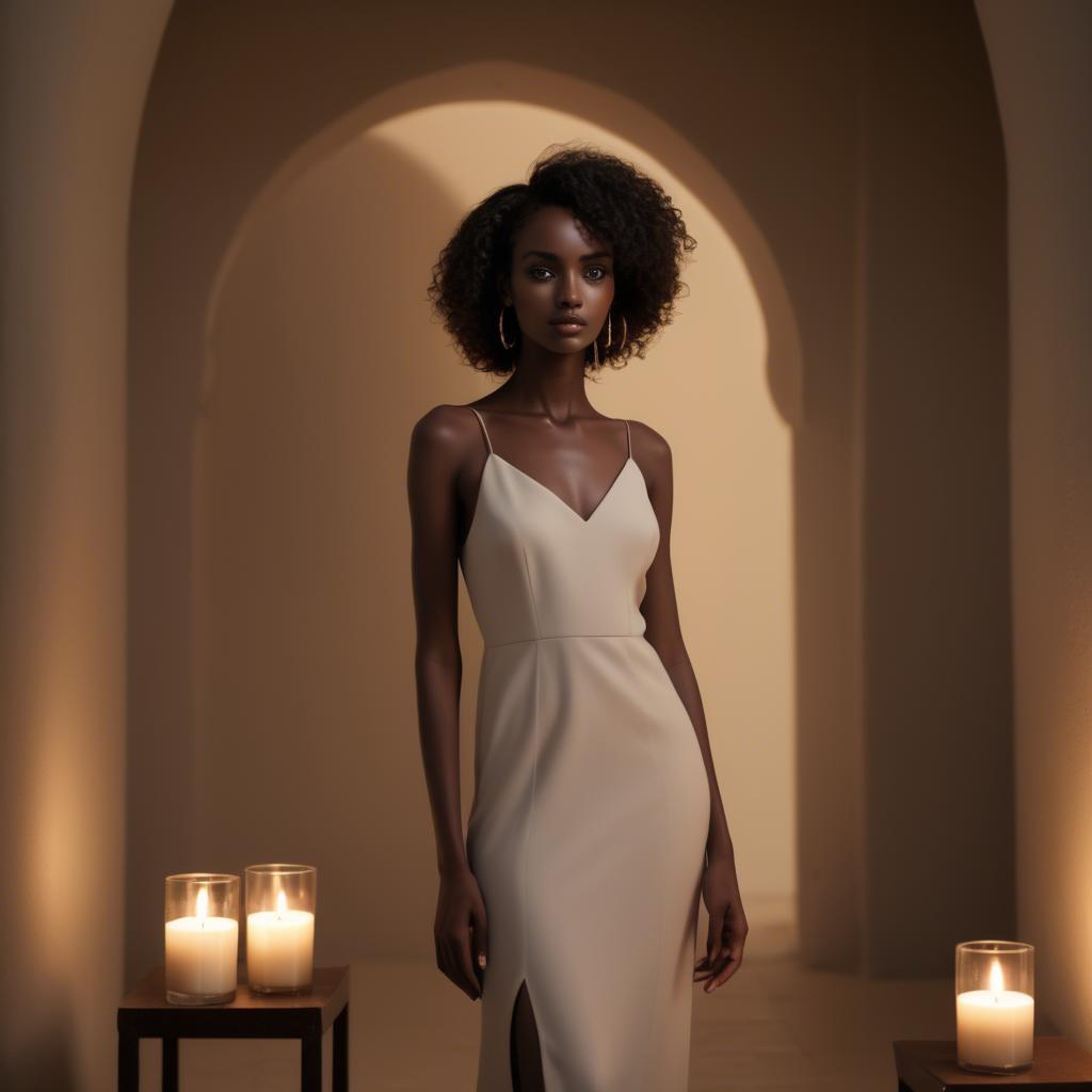 A stunning image of sudanese model wearing a sophisticated minimal dress highlighted by subtle candlelit ambiance.