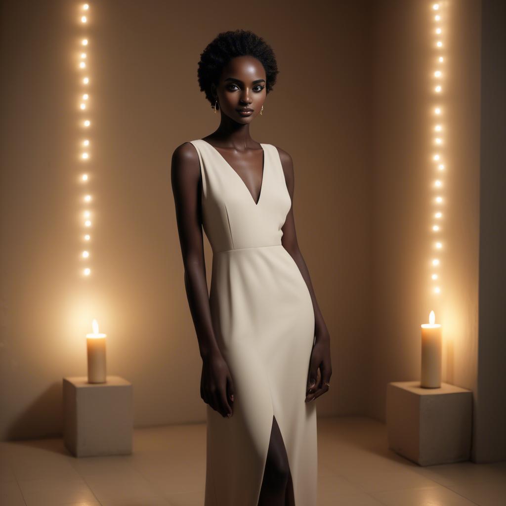 A stunning image of sudanese model wearing a sophisticated minimal dress highlighted by subtle candlelit ambiance.