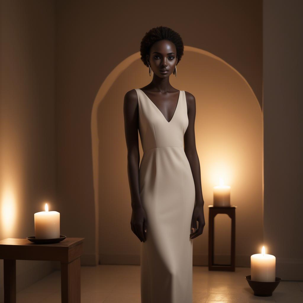 A stunning image of sudanese model wearing a sophisticated minimal dress highlighted by subtle candlelit ambiance.