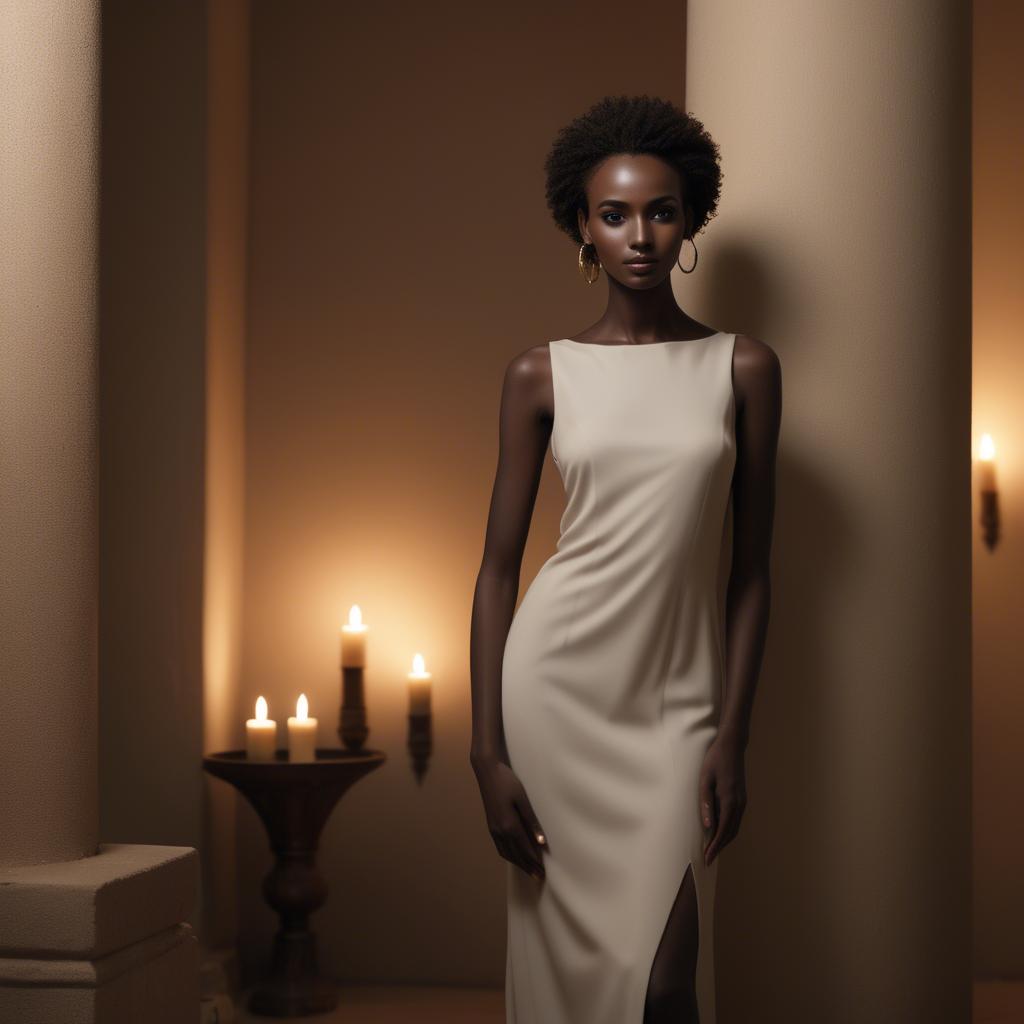 A stunning image of sudanese model wearing a sophisticated minimal dress highlighted by subtle candlelit ambiance.