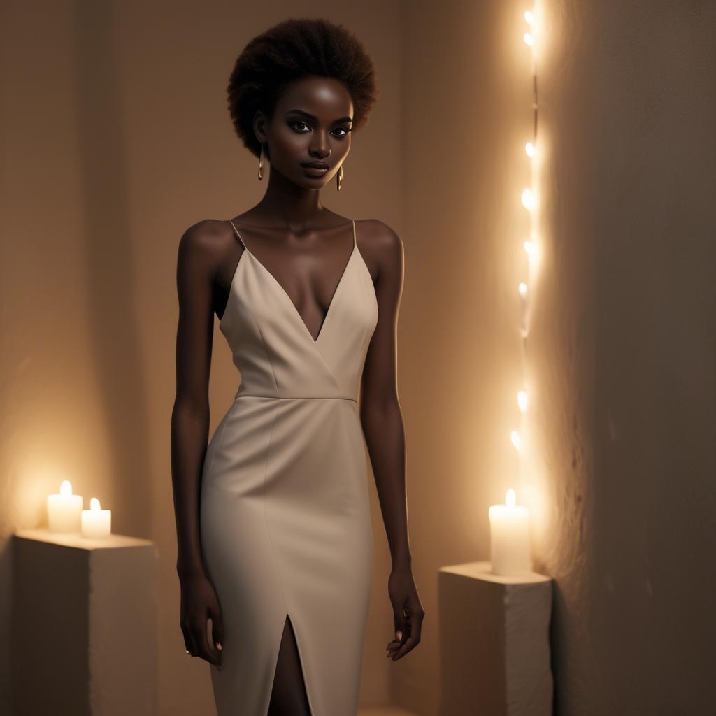 A stunning image of sudanese model wearing a sophisticated minimal dress highlighted by subtle candlelit ambiance.
