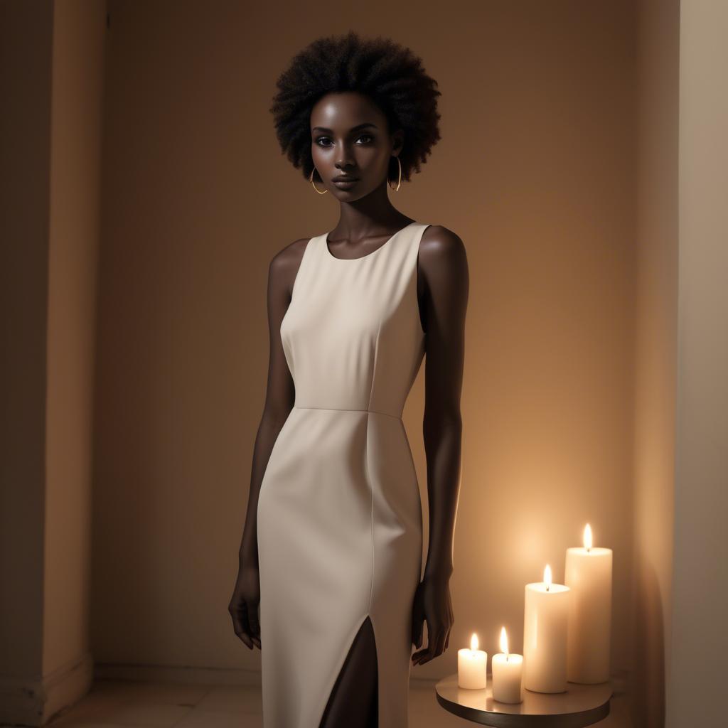 A stunning image of sudanese model wearing a sophisticated minimal dress highlighted by subtle candlelit ambiance.