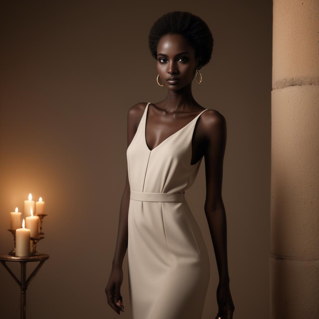 A stunning image of sudanese model wearing a sophisticated minimal dress highlighted by subtle candlelit ambiance.