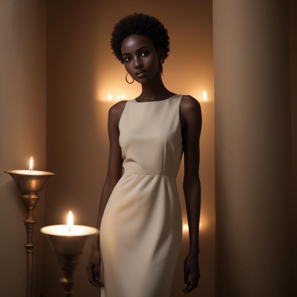 A stunning image of sudanese model wearing a sophisticated minimal dress highlighted by subtle candlelit ambiance.