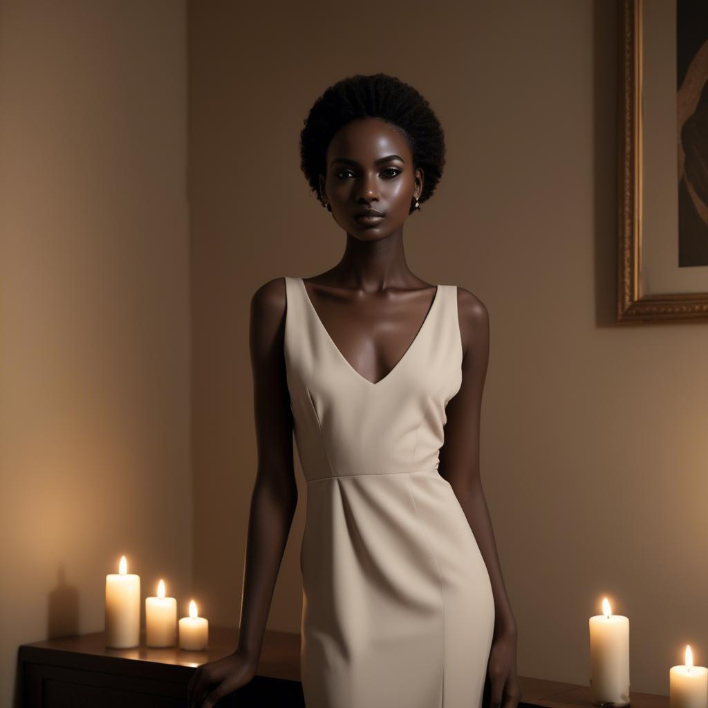 A stunning image of sudanese model wearing a sophisticated minimal dress highlighted by subtle candlelit ambiance.