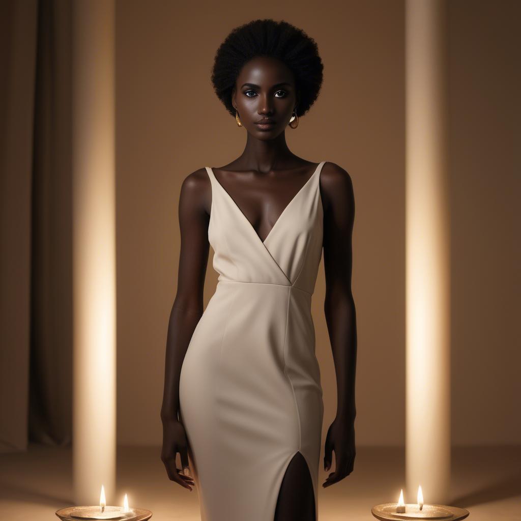 A stunning image of sudanese model wearing a sophisticated minimal dress highlighted by subtle candlelit ambiance.