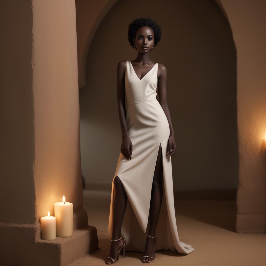A stunning image of sudanese model wearing a sophisticated minimal dress highlighted by subtle candlelit ambiance.