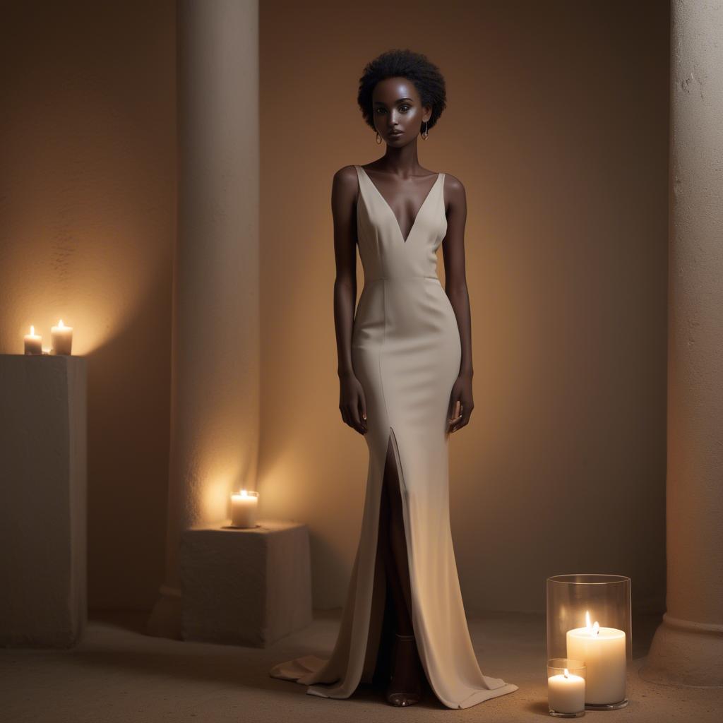 A stunning image of sudanese model wearing a sophisticated minimal dress highlighted by subtle candlelit ambiance.