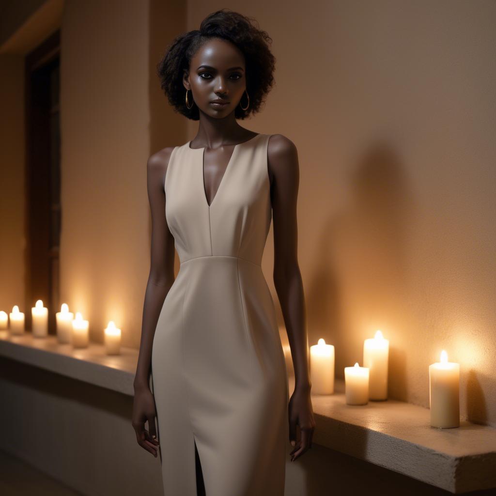A stunning image of sudanese model wearing a sophisticated minimal dress highlighted by subtle candlelit ambiance.