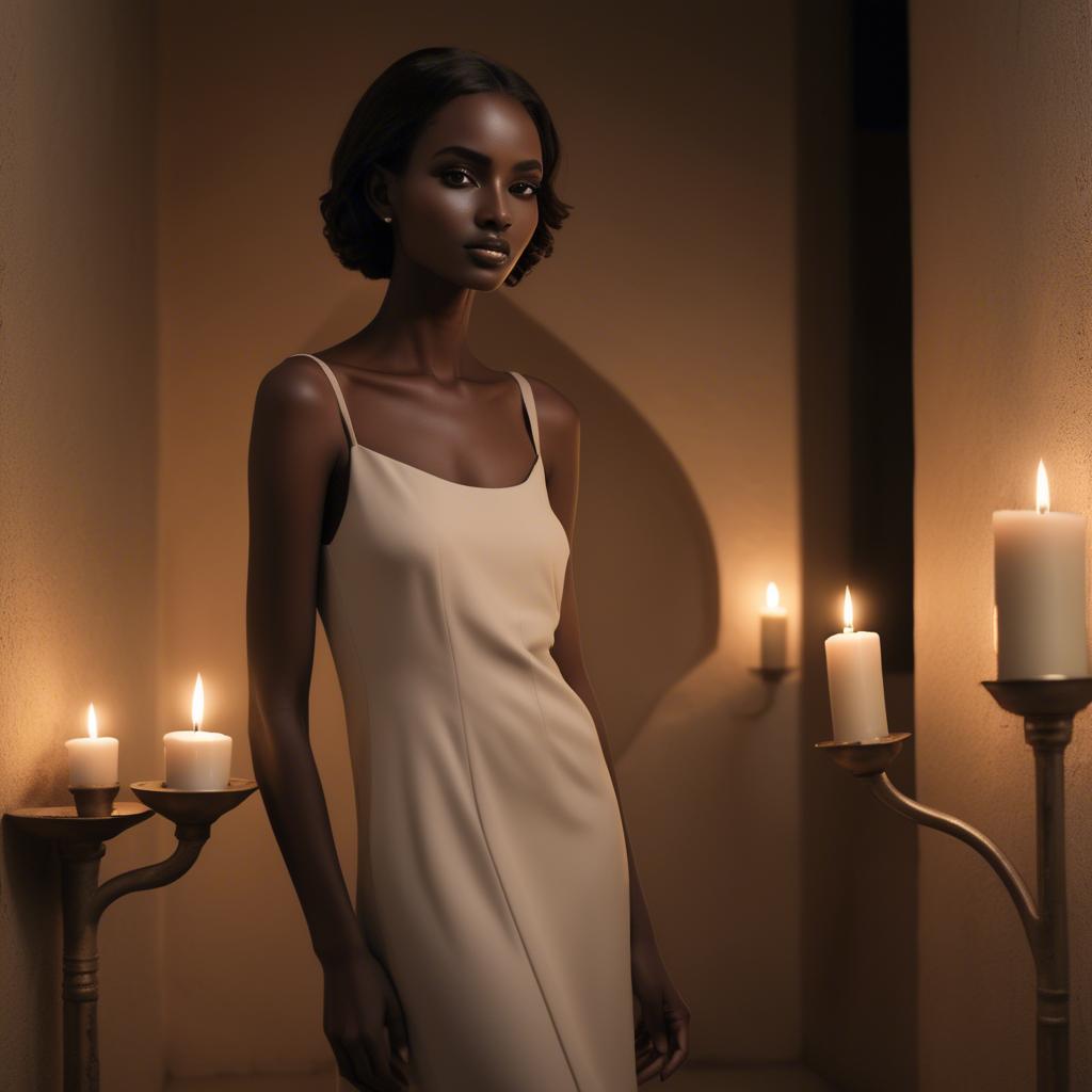 A stunning image of sudanese model wearing a sophisticated minimal dress highlighted by subtle candlelit ambiance.