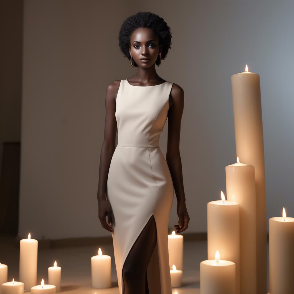 A stunning image of sudanese model wearing a sophisticated minimal dress highlighted by subtle candlelit ambiance.