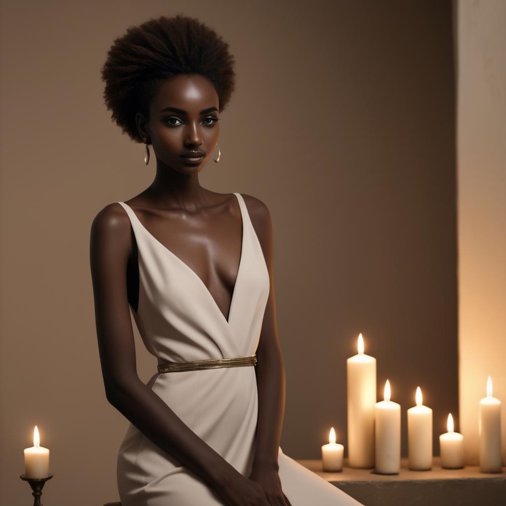 A stunning image of sudanese model wearing a sophisticated minimal dress highlighted by subtle candlelit ambiance.