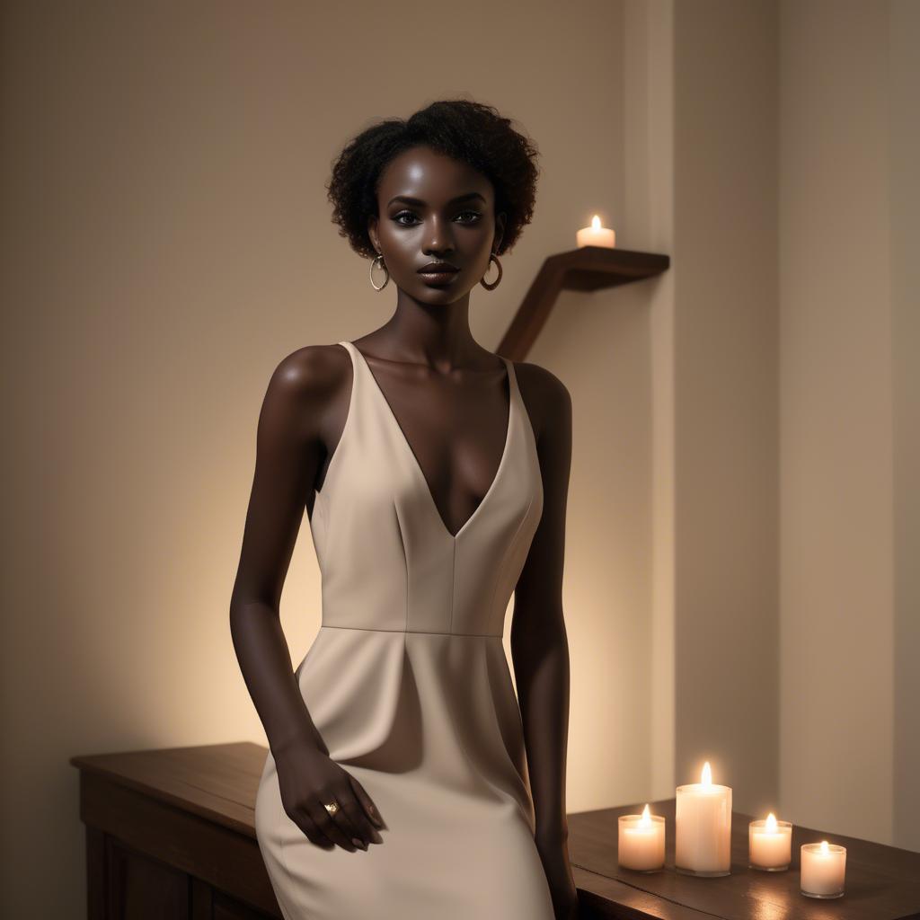 A stunning image of sudanese model wearing a sophisticated minimal dress highlighted by subtle candlelit ambiance.