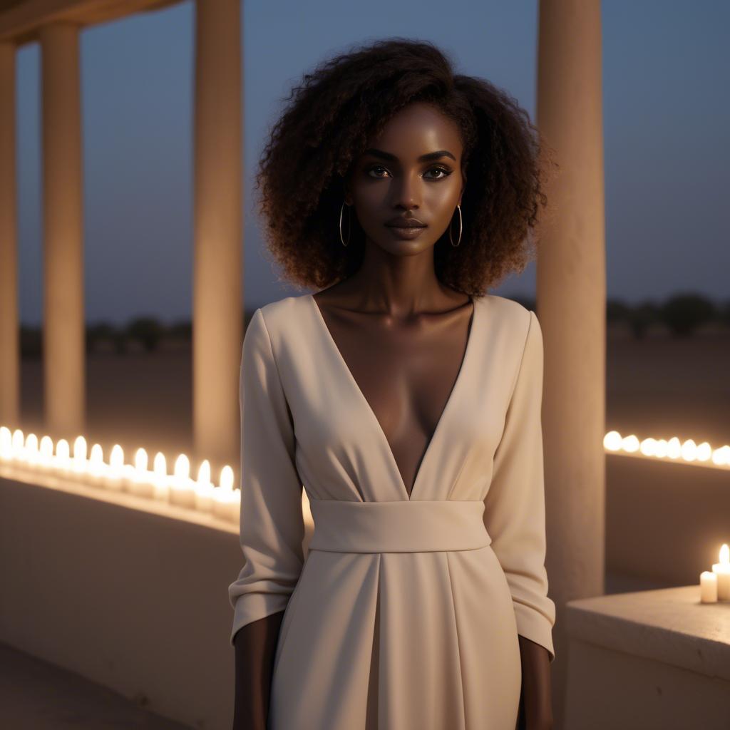 A stunning image of sudanese model wearing a sophisticated minimal dress highlighted by subtle candlelit ambiance.