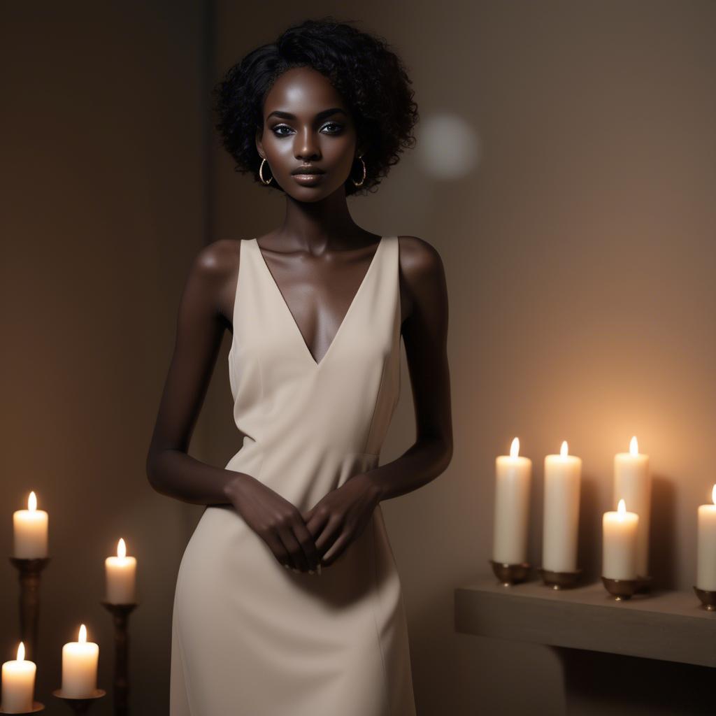A stunning image of sudanese model wearing a sophisticated minimal dress highlighted by subtle candlelit ambiance.