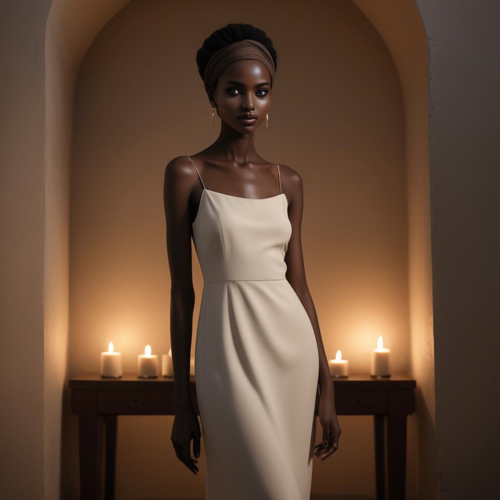 A stunning image of sudanese model wearing a sophisticated minimal dress highlighted by subtle candlelit ambiance.