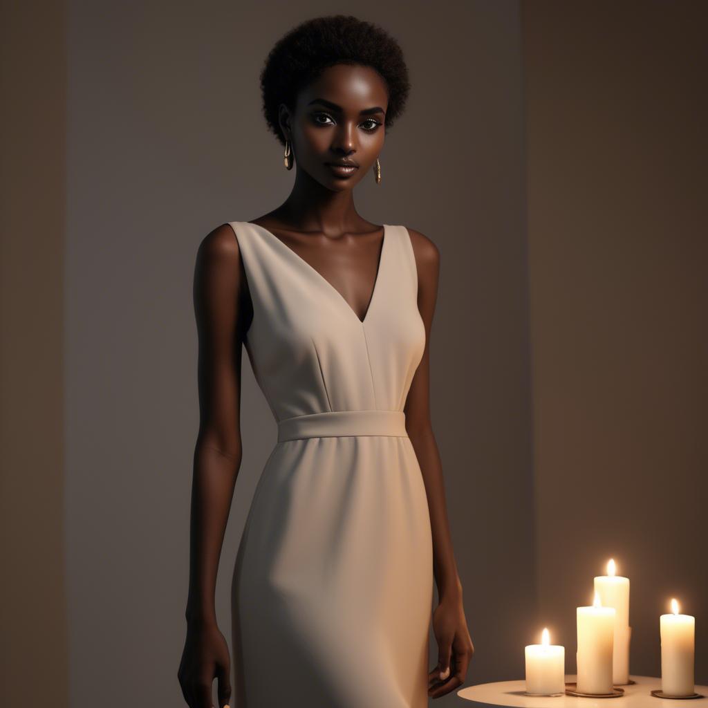 A stunning image of sudanese model wearing a sophisticated minimal dress highlighted by subtle candlelit ambiance.