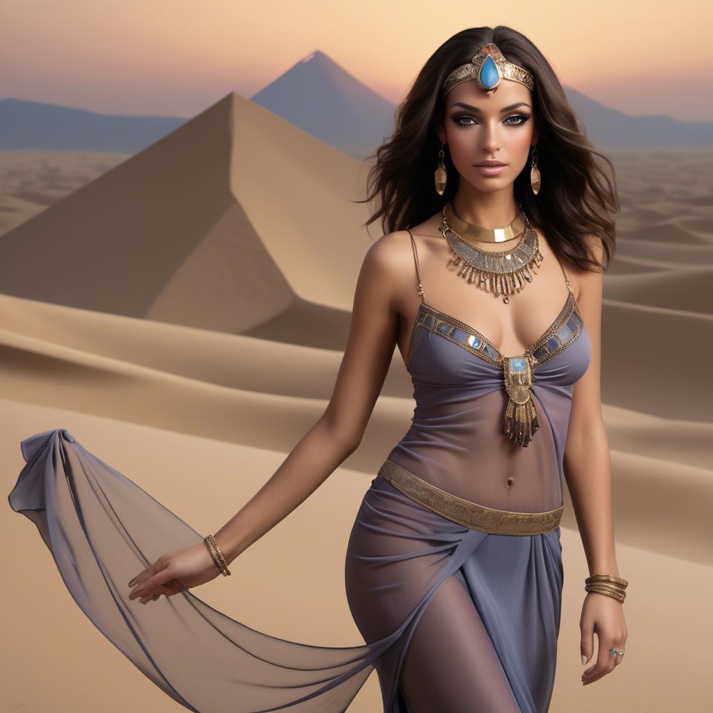A stunning image of sultry egyptian charm with subtle jewelry and sheer fabric set in desert twilight.
