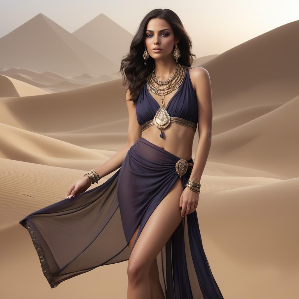 A stunning image of sultry egyptian charm with subtle jewelry and sheer fabric set in desert twilight.