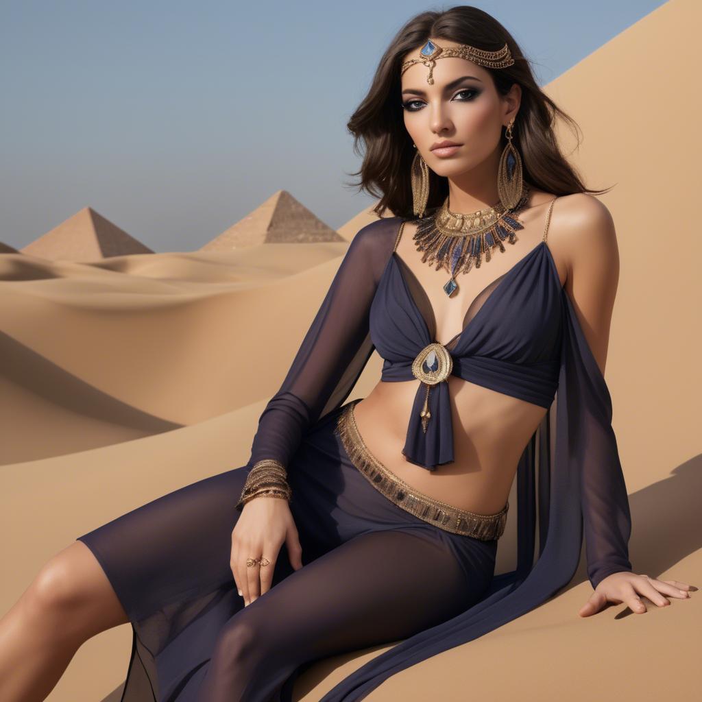 A stunning image of sultry egyptian charm with subtle jewelry and sheer fabric set in desert twilight.