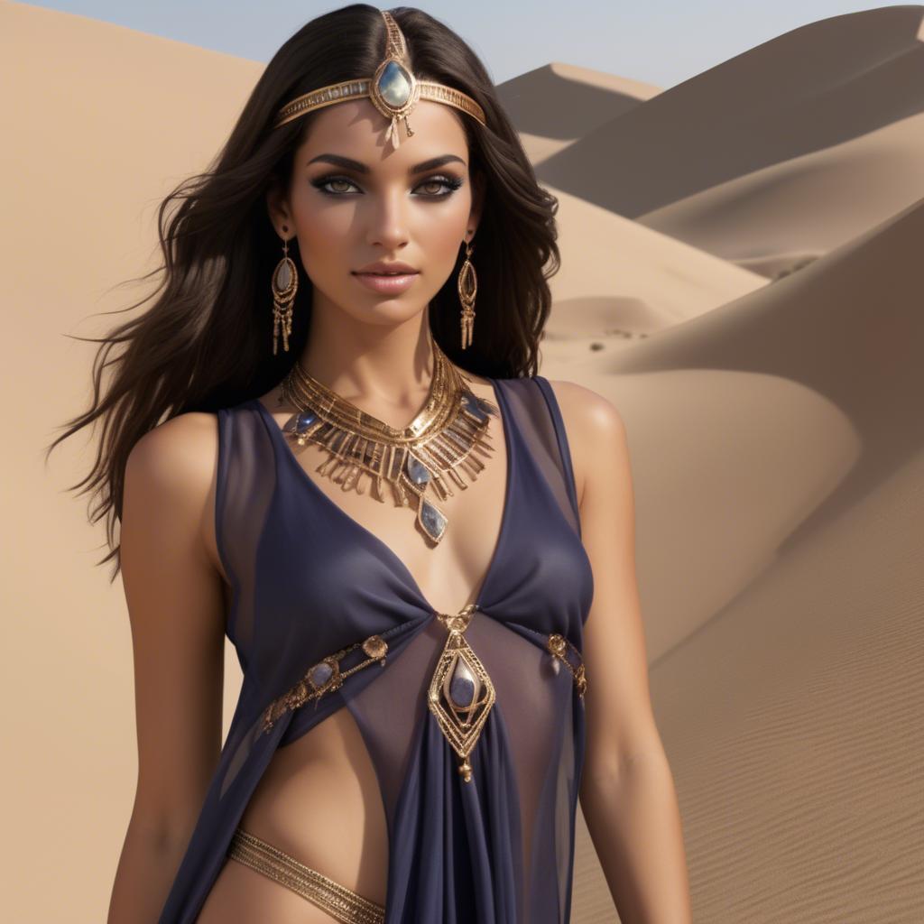 A stunning image of sultry egyptian charm with subtle jewelry and sheer fabric set in desert twilight.