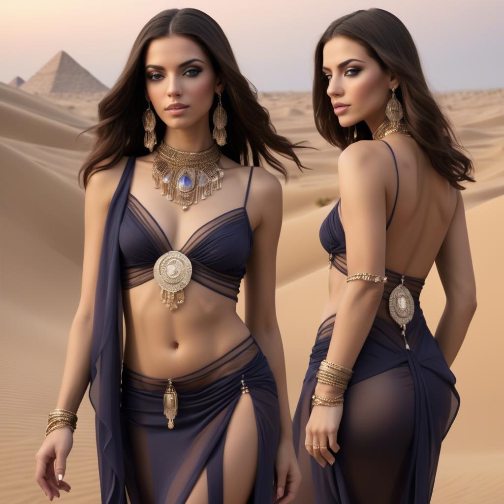 A stunning image of sultry egyptian charm with subtle jewelry and sheer fabric set in desert twilight.