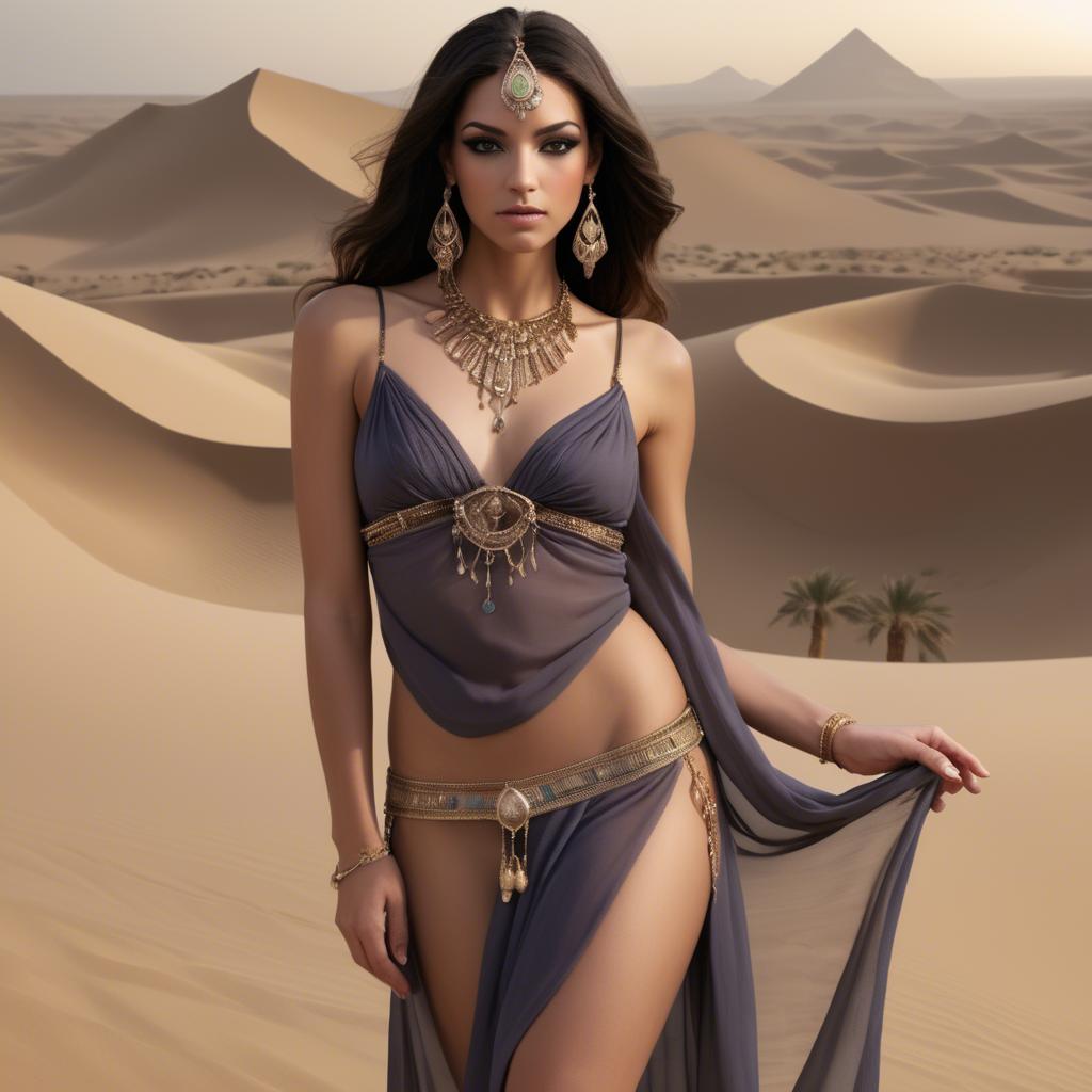 A stunning image of sultry egyptian charm with subtle jewelry and sheer fabric set in desert twilight.