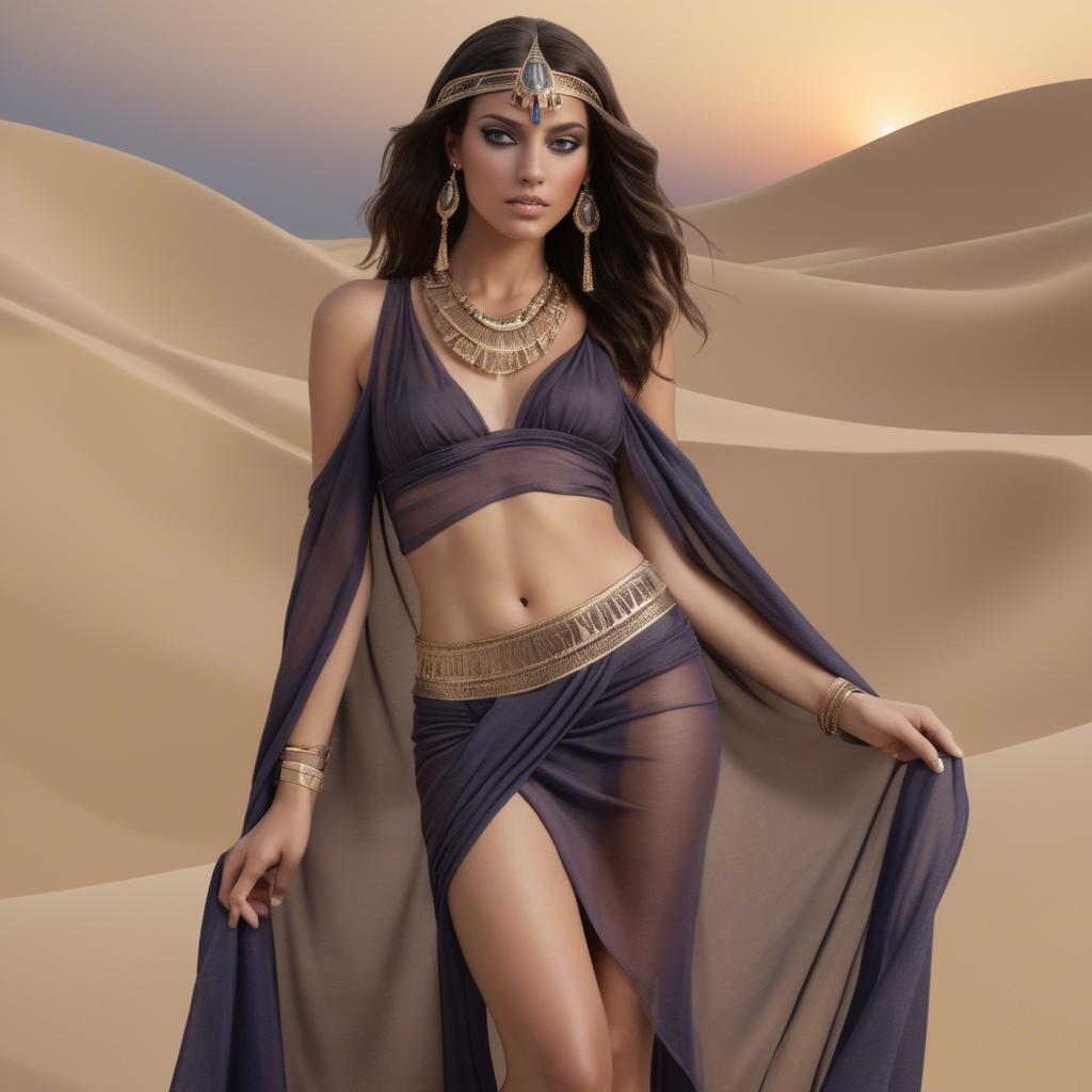 A stunning image of sultry egyptian charm with subtle jewelry and sheer fabric set in desert twilight.