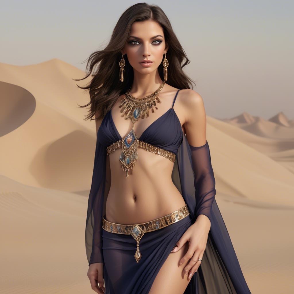 A stunning image of sultry egyptian charm with subtle jewelry and sheer fabric set in desert twilight.