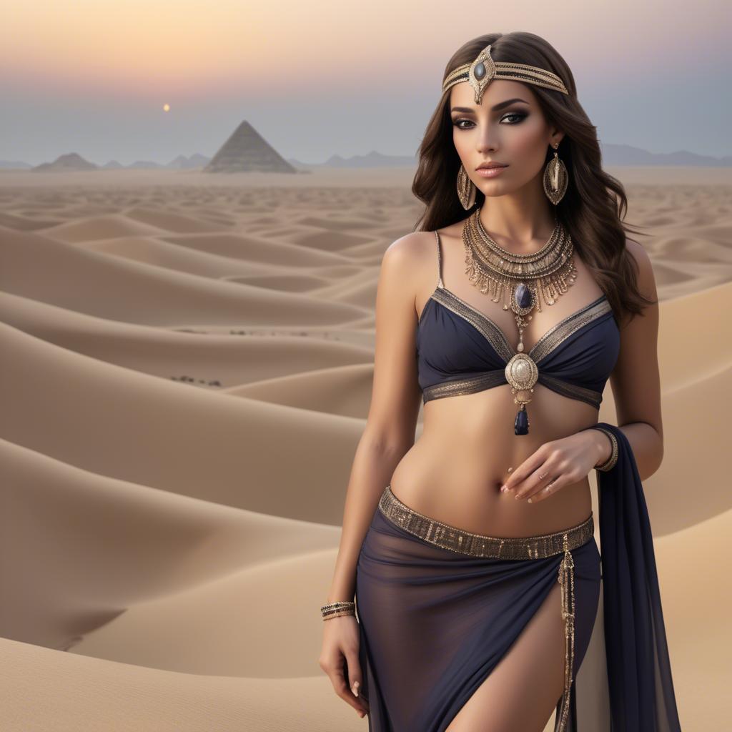 A stunning image of sultry egyptian charm with subtle jewelry and sheer fabric set in desert twilight.
