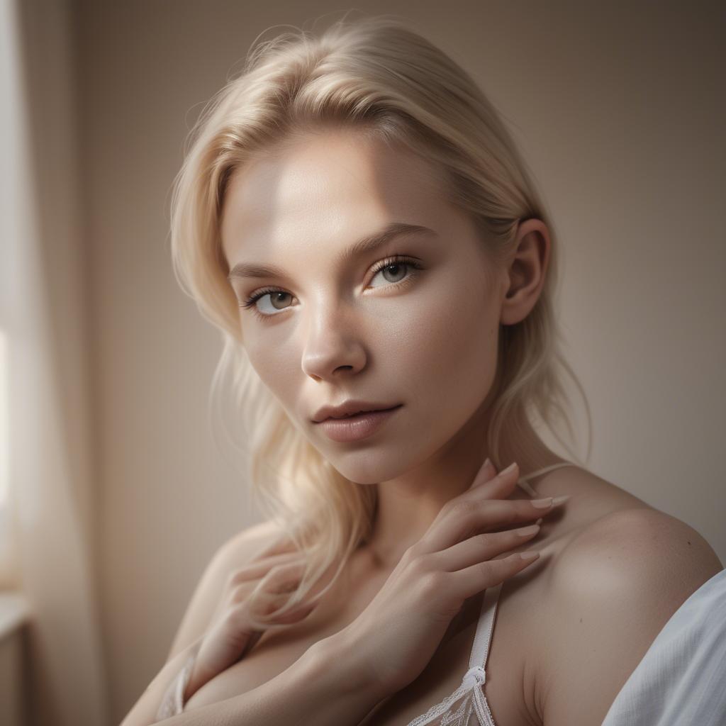 A stunning image of swedish blonde beauty posing in minimalist nude-toned lingerie softly backlit.