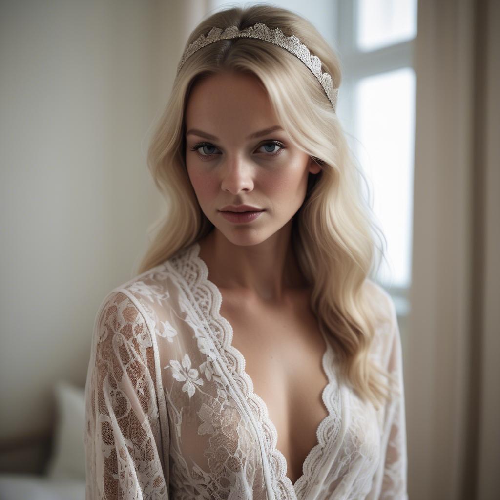 A stunning image of swedish glamour in a delicate lace robe.