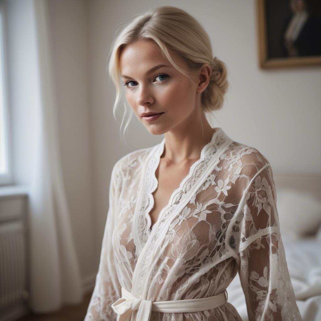 A stunning image of swedish glamour in a delicate lace robe.