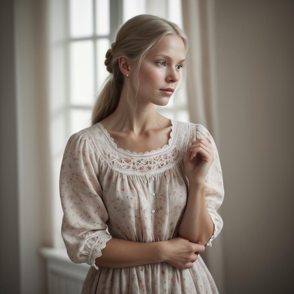 A stunning image of swedish woman in delicate romantic fabrics.