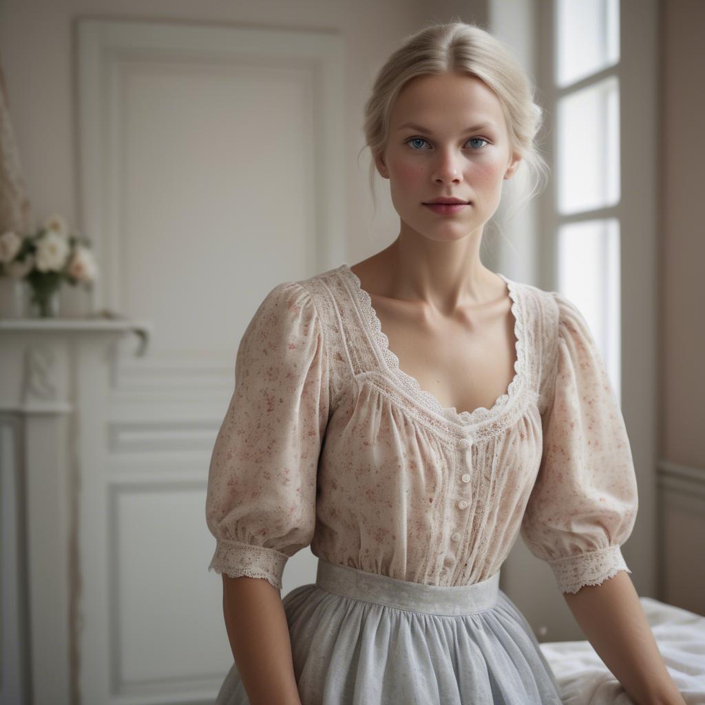 A stunning image of swedish woman in delicate romantic fabrics.