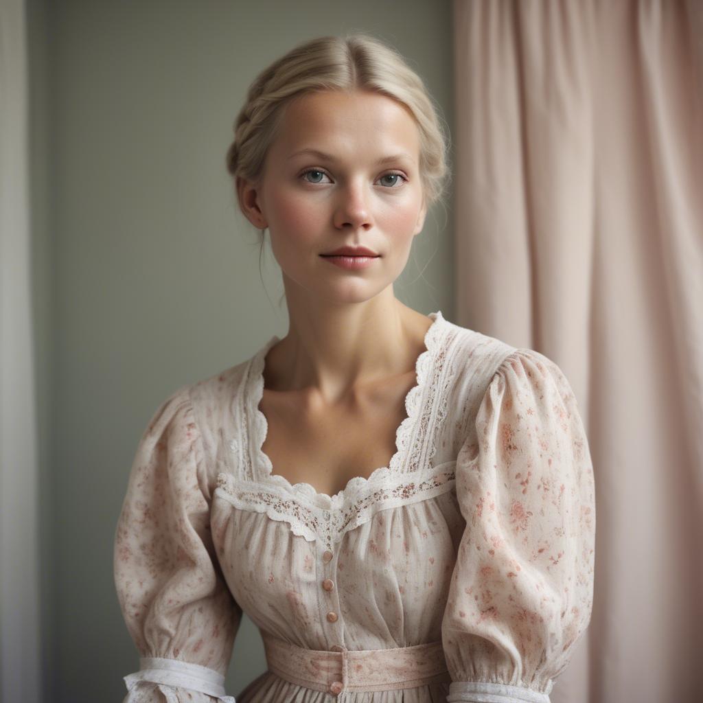 A stunning image of swedish woman in delicate romantic fabrics.