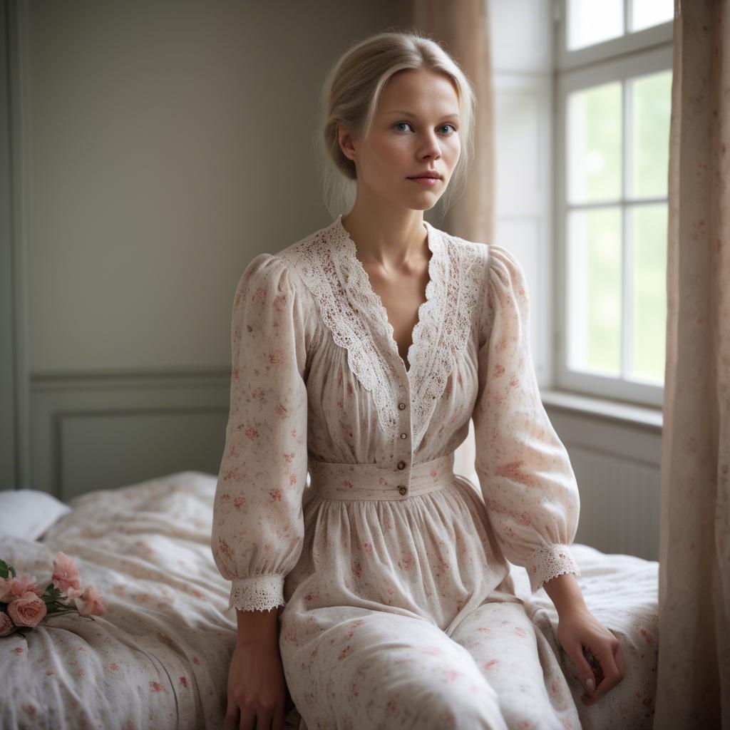 A stunning image of swedish woman in delicate romantic fabrics.