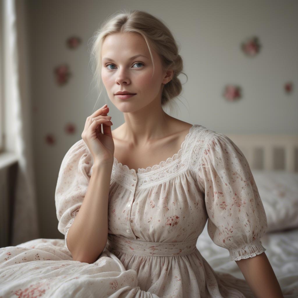 A stunning image of swedish woman in delicate romantic fabrics.