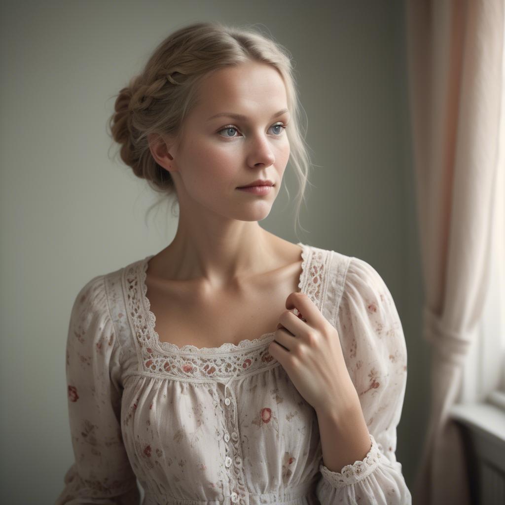 A stunning image of swedish woman in delicate romantic fabrics.