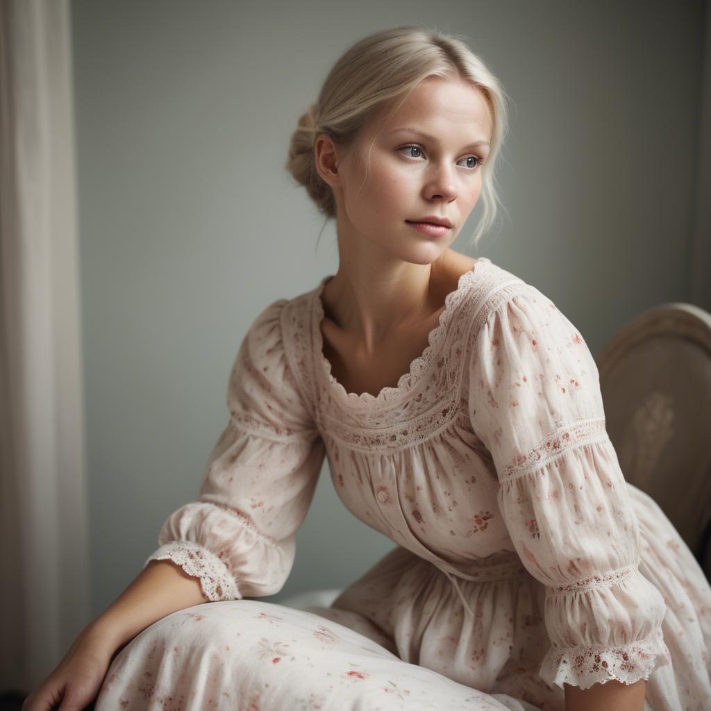 A stunning image of swedish woman in delicate romantic fabrics.