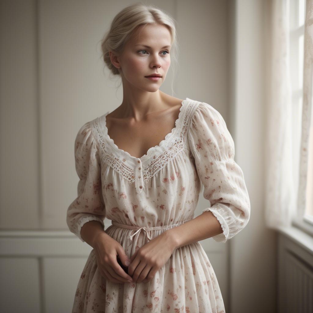 A stunning image of swedish woman in delicate romantic fabrics.
