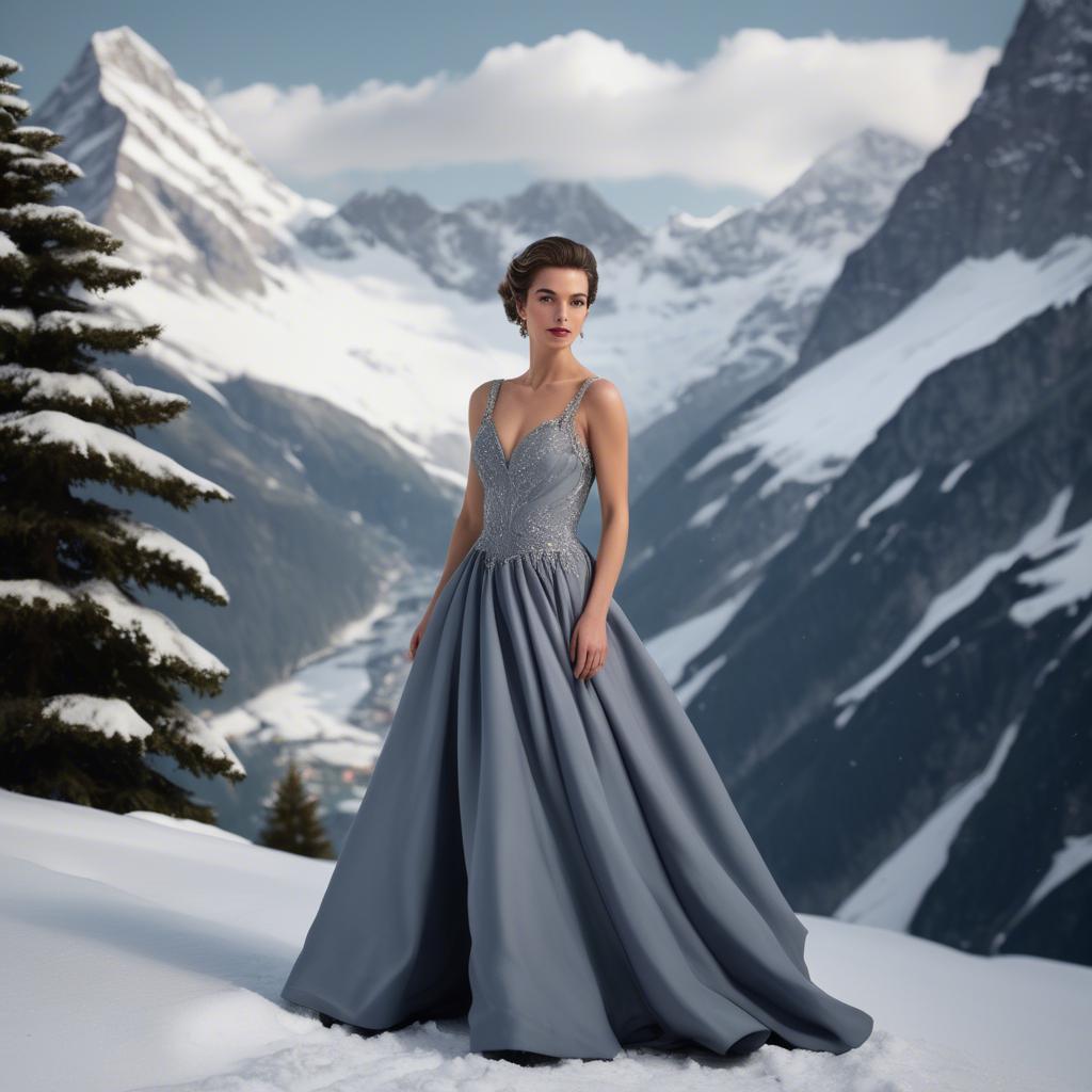A stunning image of swiss beauty wearing an elegant evening gown poised in a snowy alpine backdrop.