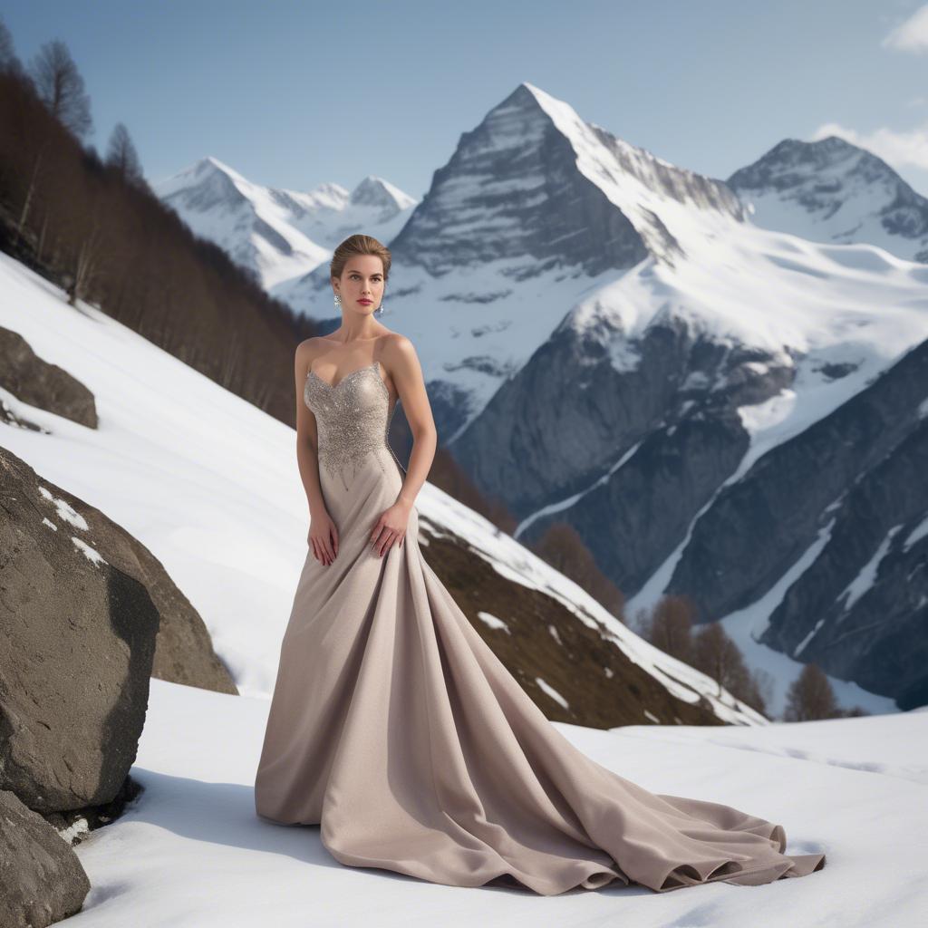 A stunning image of swiss beauty wearing an elegant evening gown poised in a snowy alpine backdrop.