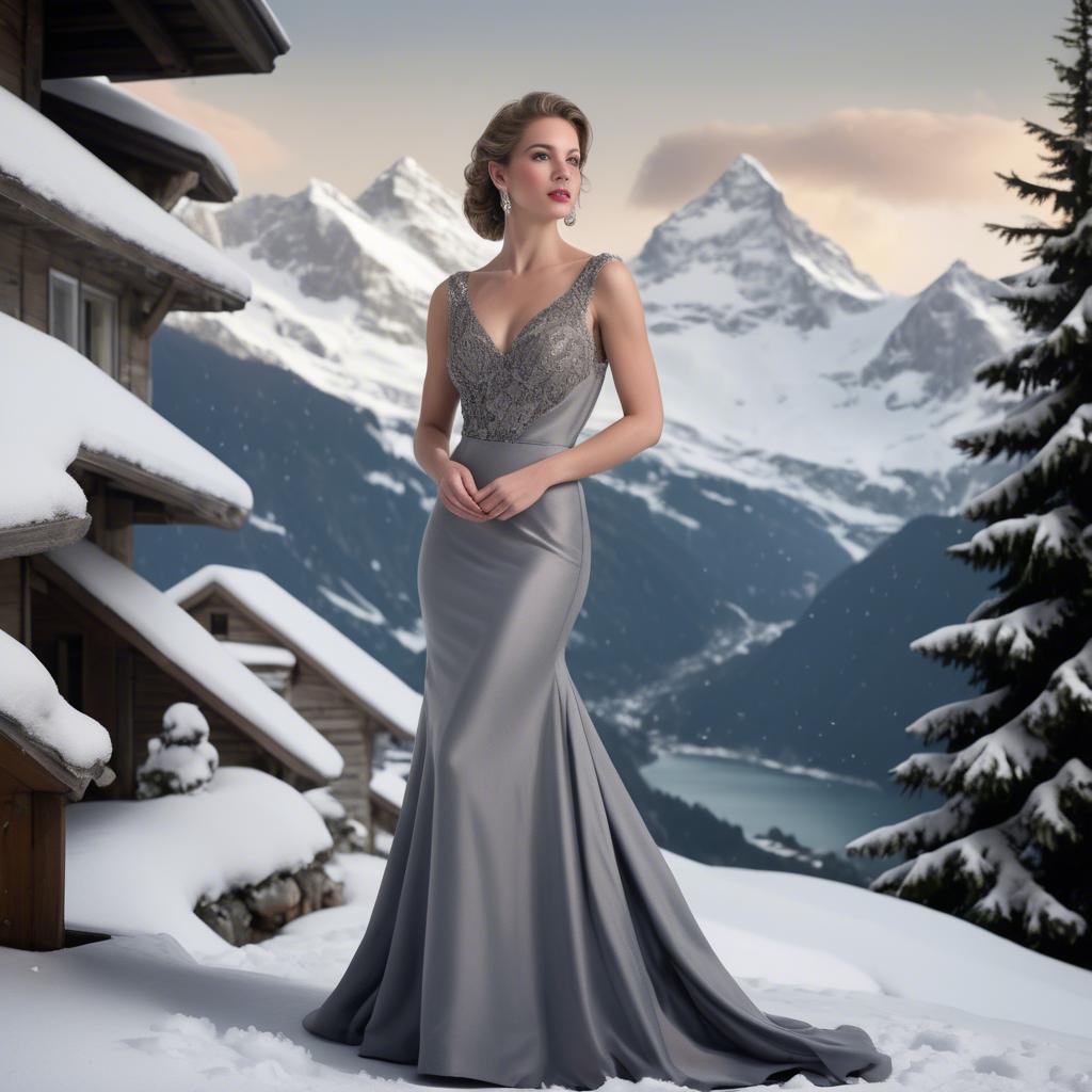 A stunning image of swiss beauty wearing an elegant evening gown poised in a snowy alpine backdrop.